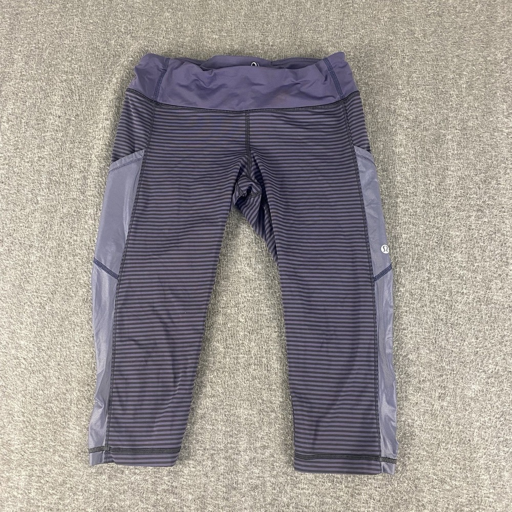Lululemon Crop Leggings Womens 8 Purple Striped Mesh Panel Yoga Run
